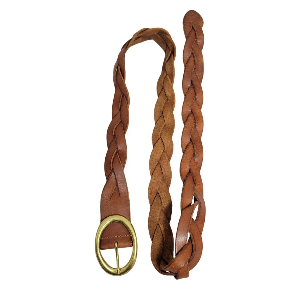 Chaps Brown Braided Leather Belt with Gold Buckle